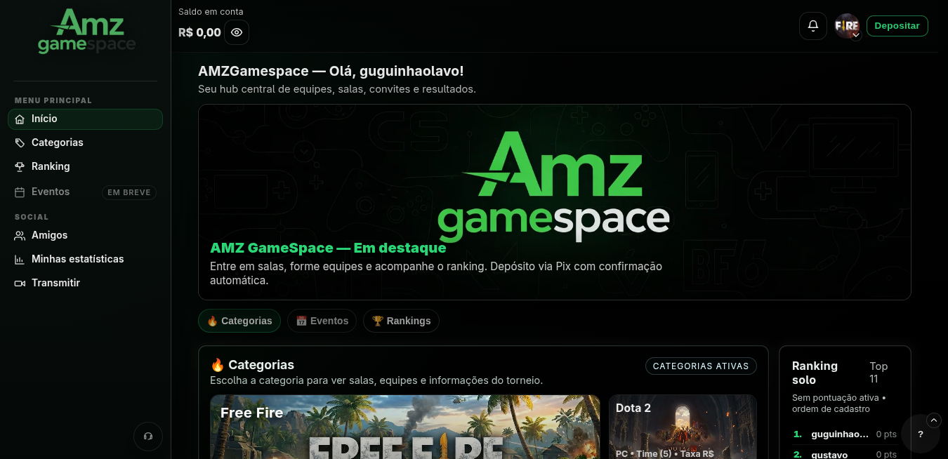 Prévia do painel inicial da AMZ GameSpace