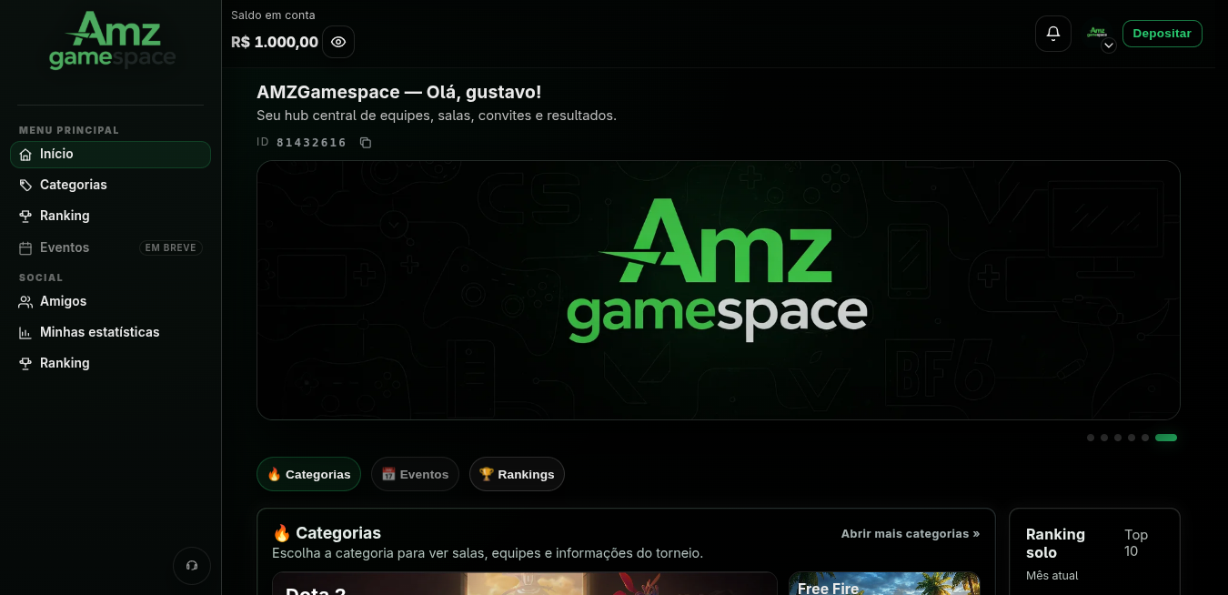 Prévia do painel inicial da AMZ GameSpace